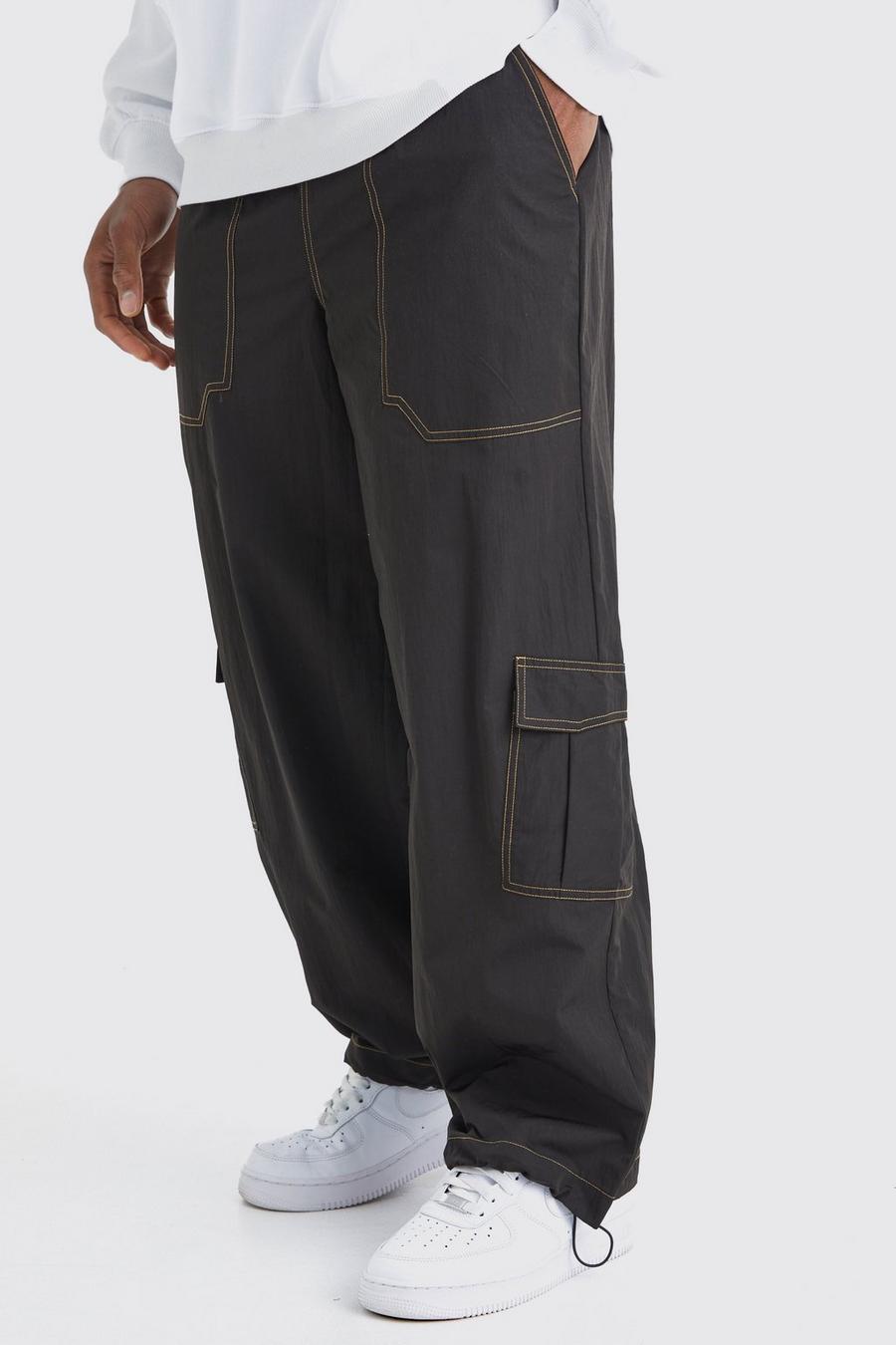 Black Elastic Waist Nylon Contrast Stitch Pants