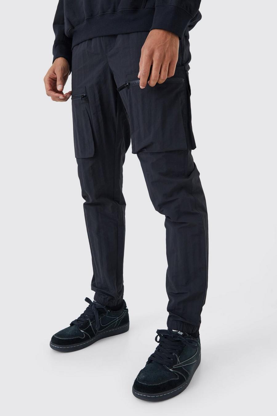 Black Elastic Waist Slim Fit Crinkle Nylon Cargo Pants