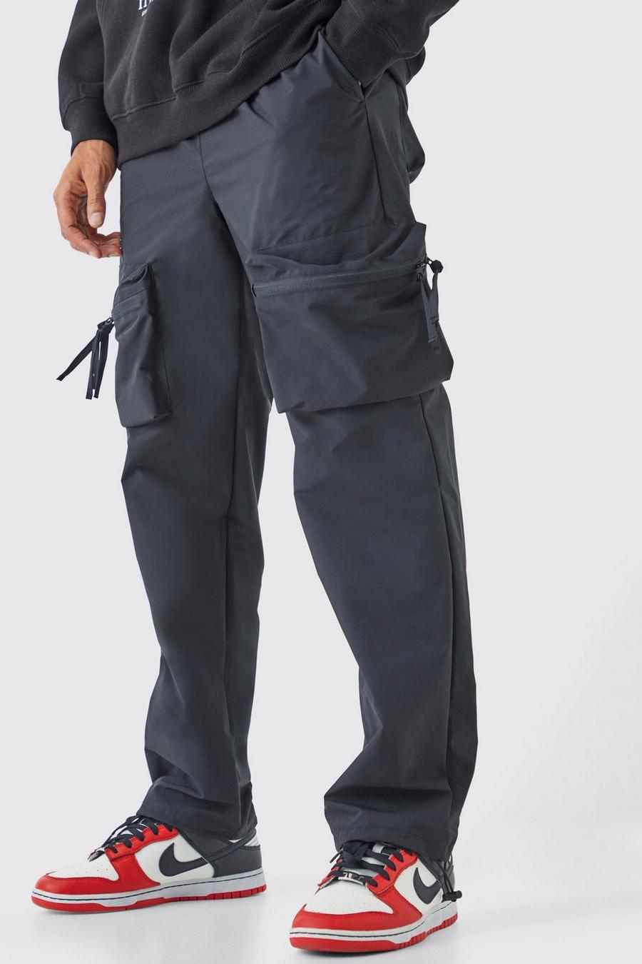 Black Elastic Waist Straight Leg 3d Cargo Trousers image number 1
