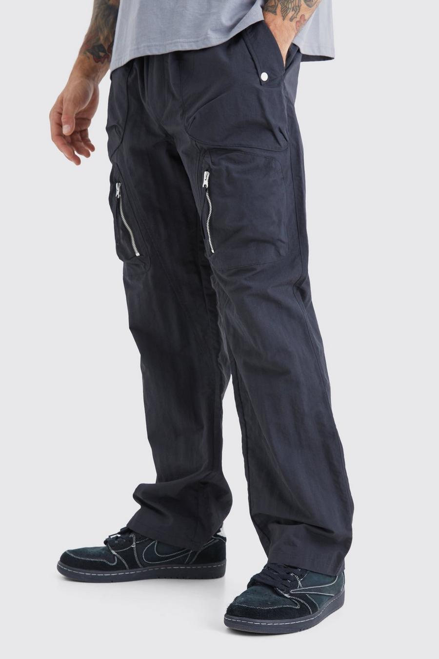 Black Elastic Waist Relaxed Leg 3d Cargo Trousers image number 1