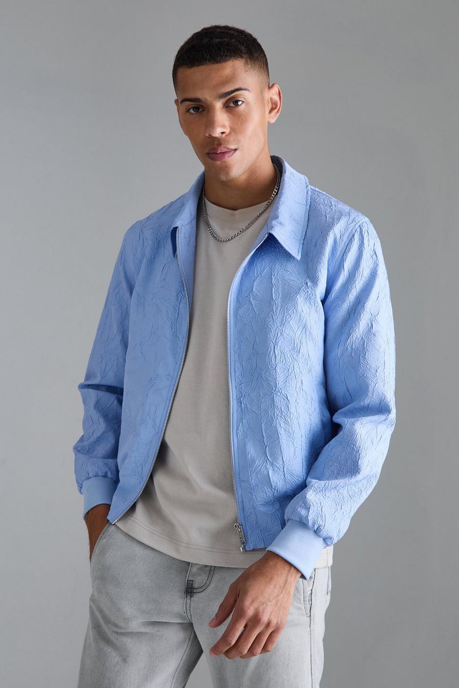 Giacca Bomber in tessuto stropicciato con colletto, Light blue