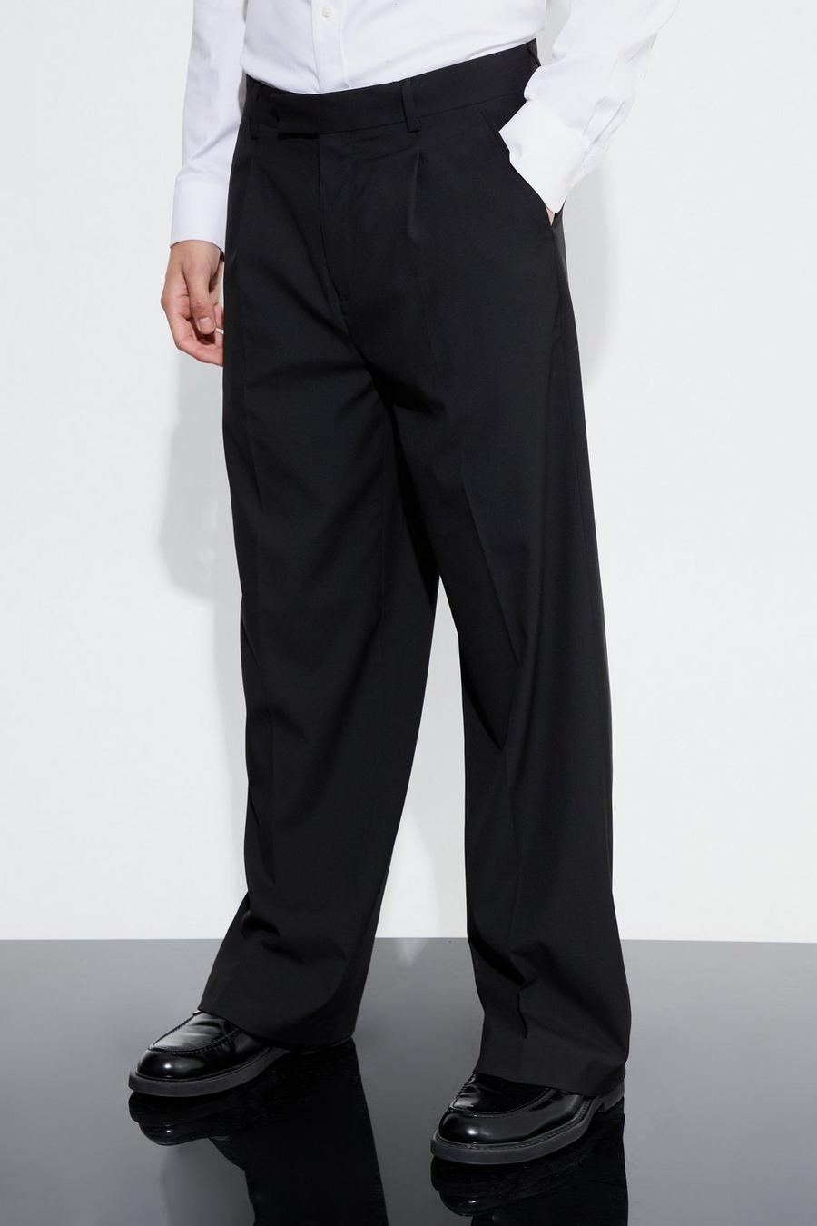 Black Wide Fit Pleat Front Tailored Trouser image number 1
