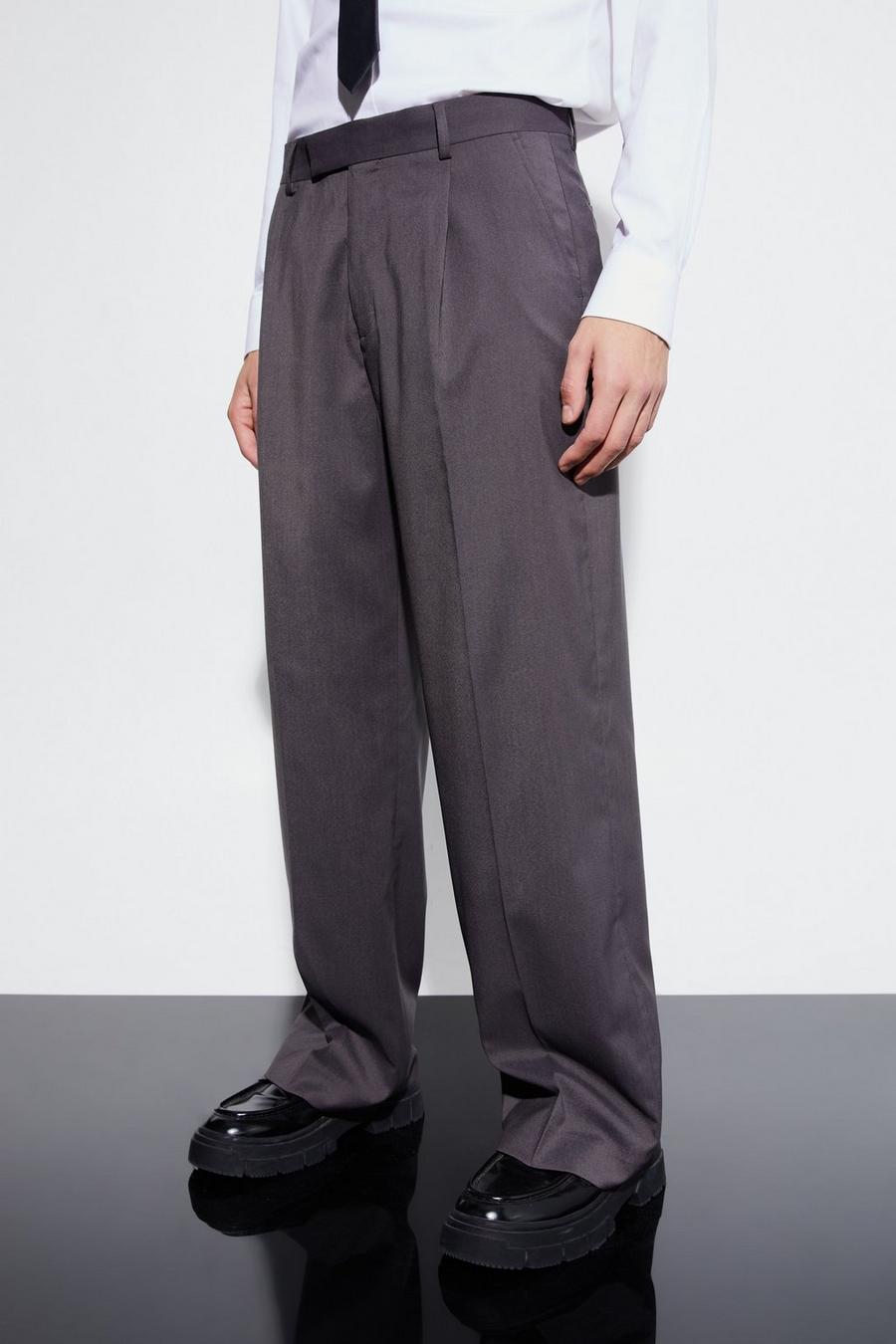 Charcoal Wide Fit Pleat Front Tailored Trouser image number 1