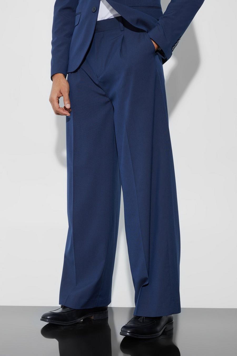 Navy Extra Wide Fit Pleat Front Tailored Trouser image number 1
