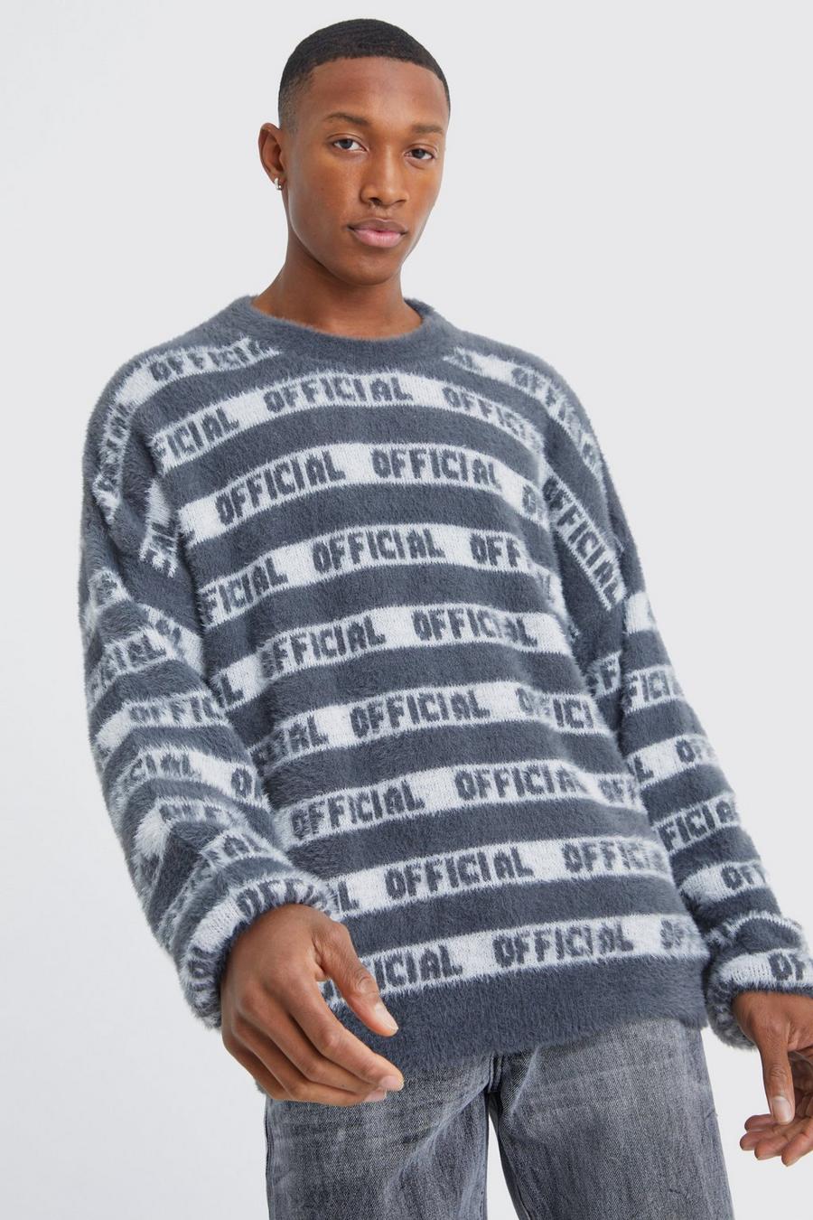 Charcoal Oversized Fluffy Knitted Official Stripe Jumper image number 1
