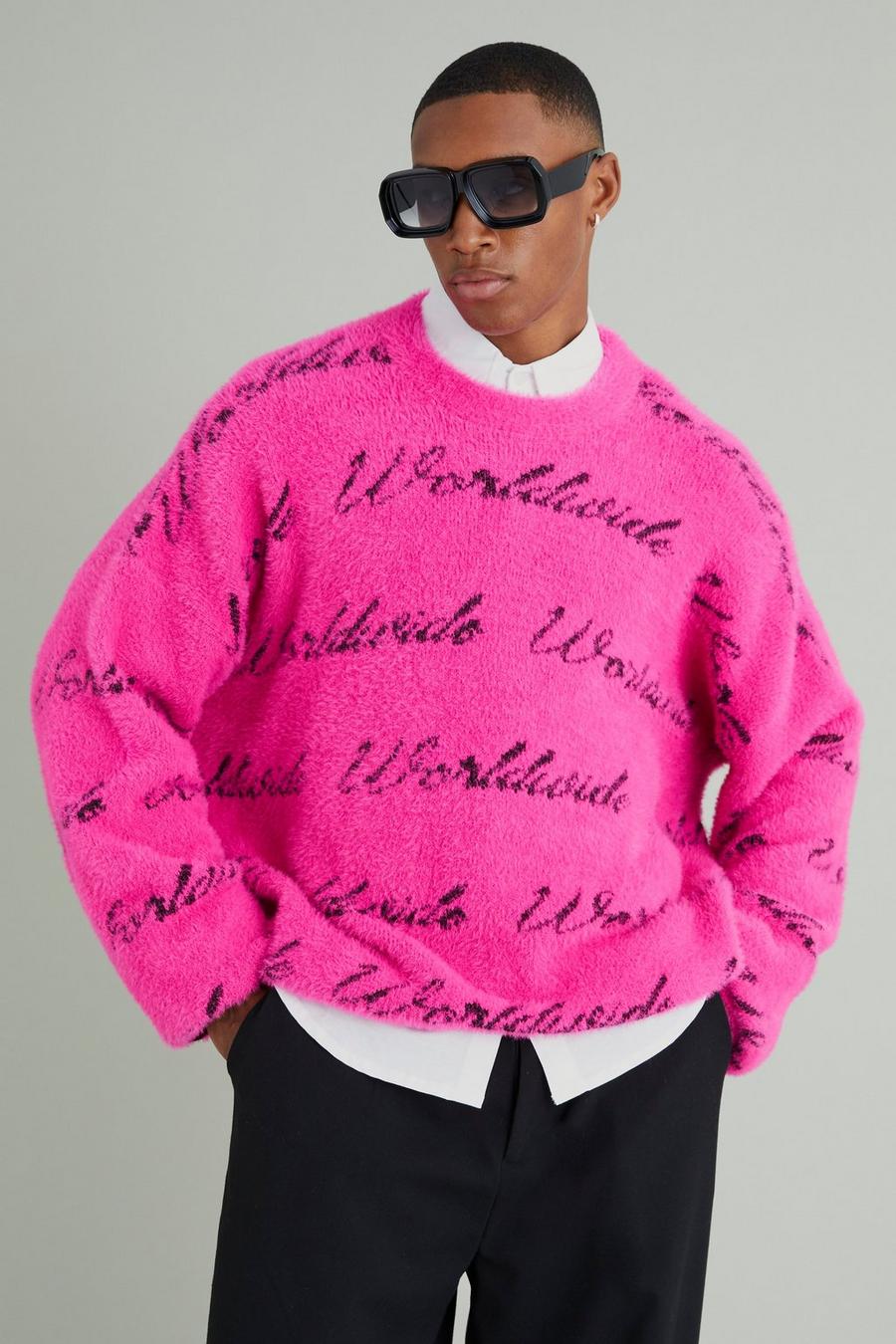 Hot pink rosa Oversized Fluffy Worldwide Knitted Jumper