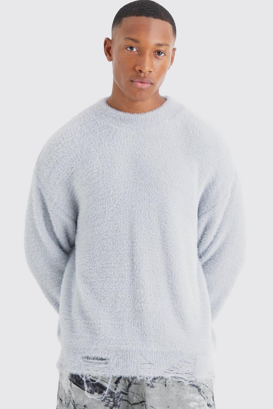 Grey gris Boxy Distressed Fluffy Knitted Jumper
