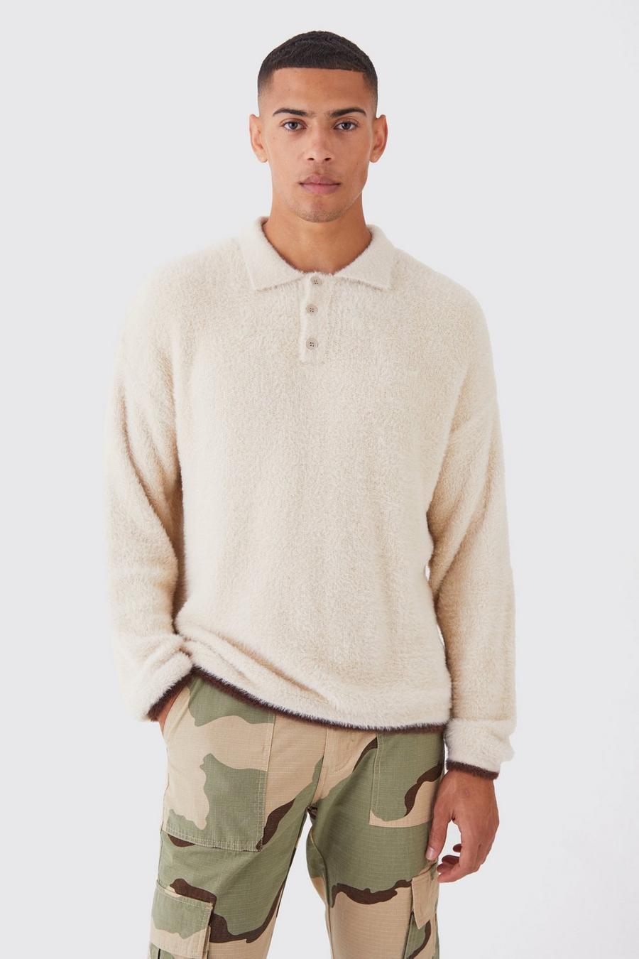 Stone Boxy Fluffy Knitted Polo With Tipping