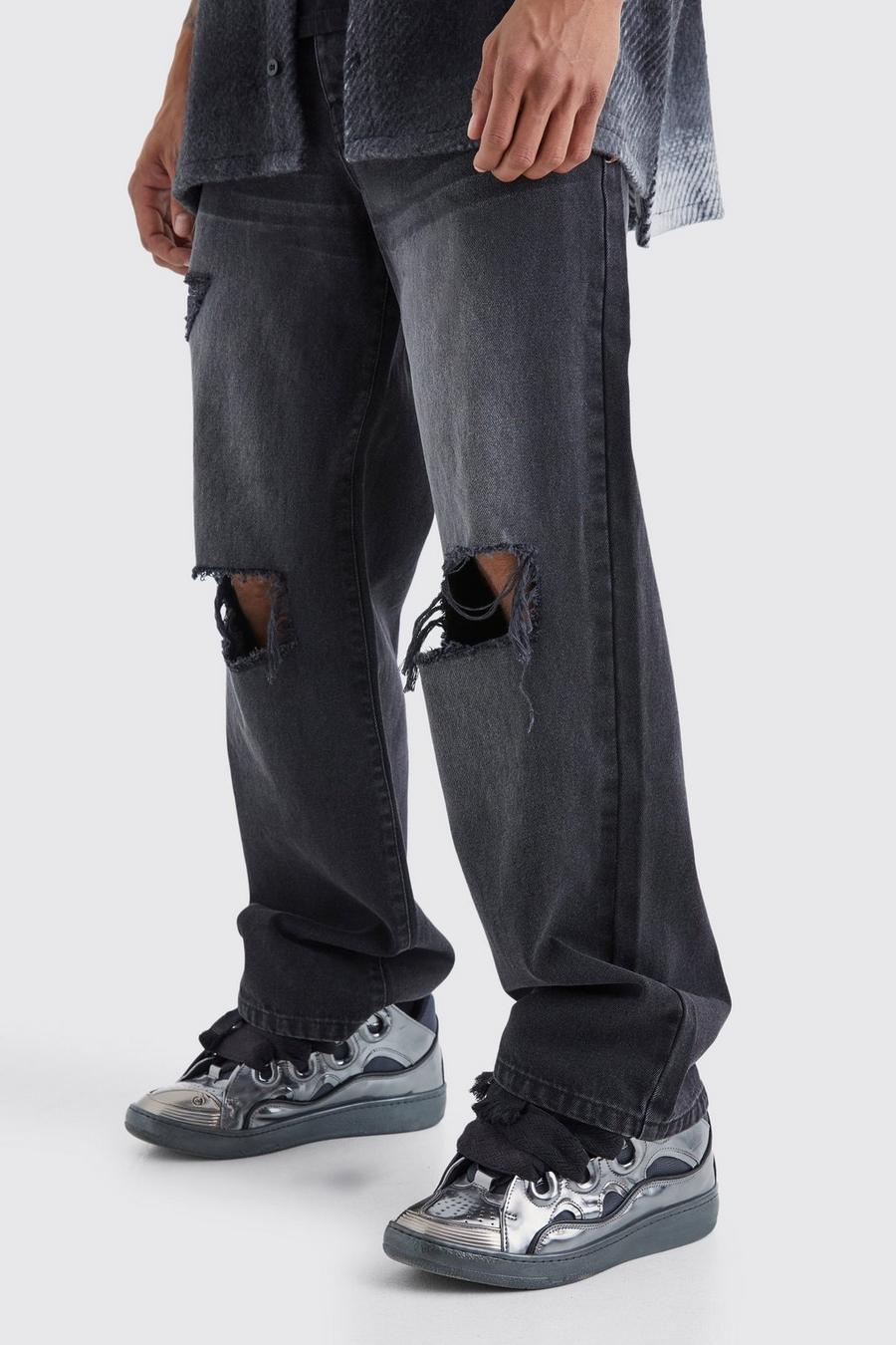 Jeans extra comodi in denim rigido effetto smagliato, Washed black