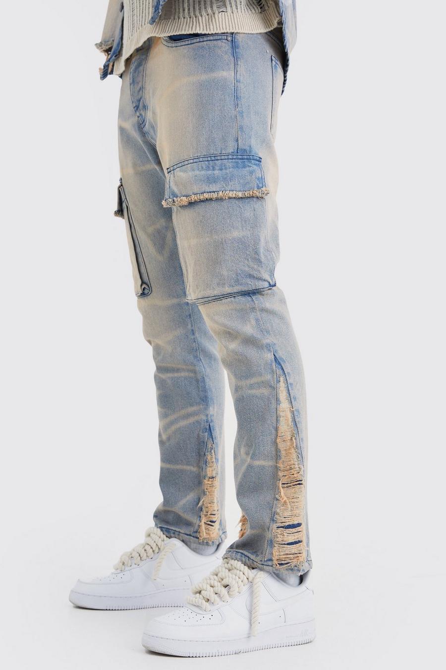 Jeans Cargo Slim Fit in denim rigido sovratinti a effetto consumato, Purple image number 1