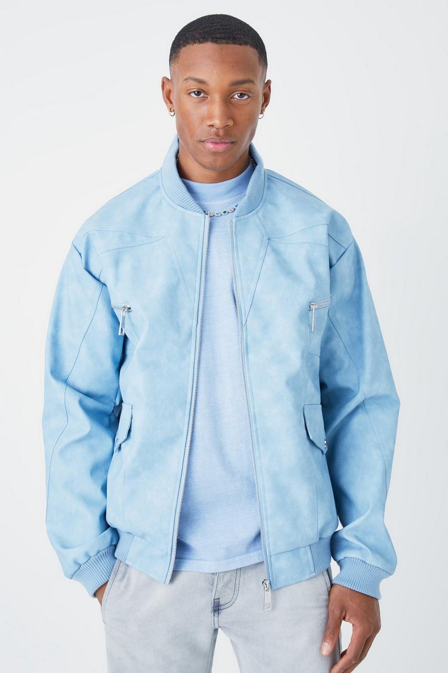 Giacca Bomber slavata con pannelli in PU, Light blue image number 1