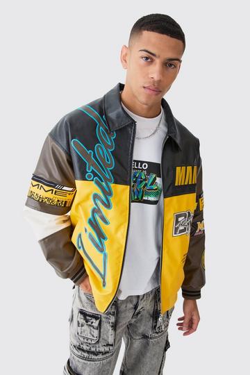 Oversized PU Badge Moto Jacket yellow