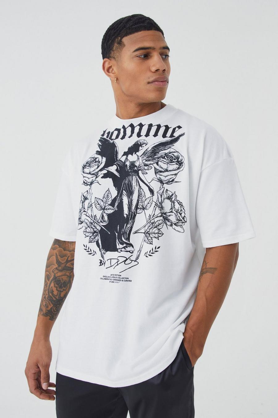 T-shirt oversize con grafica Homme e girocollo esteso, White image number 1