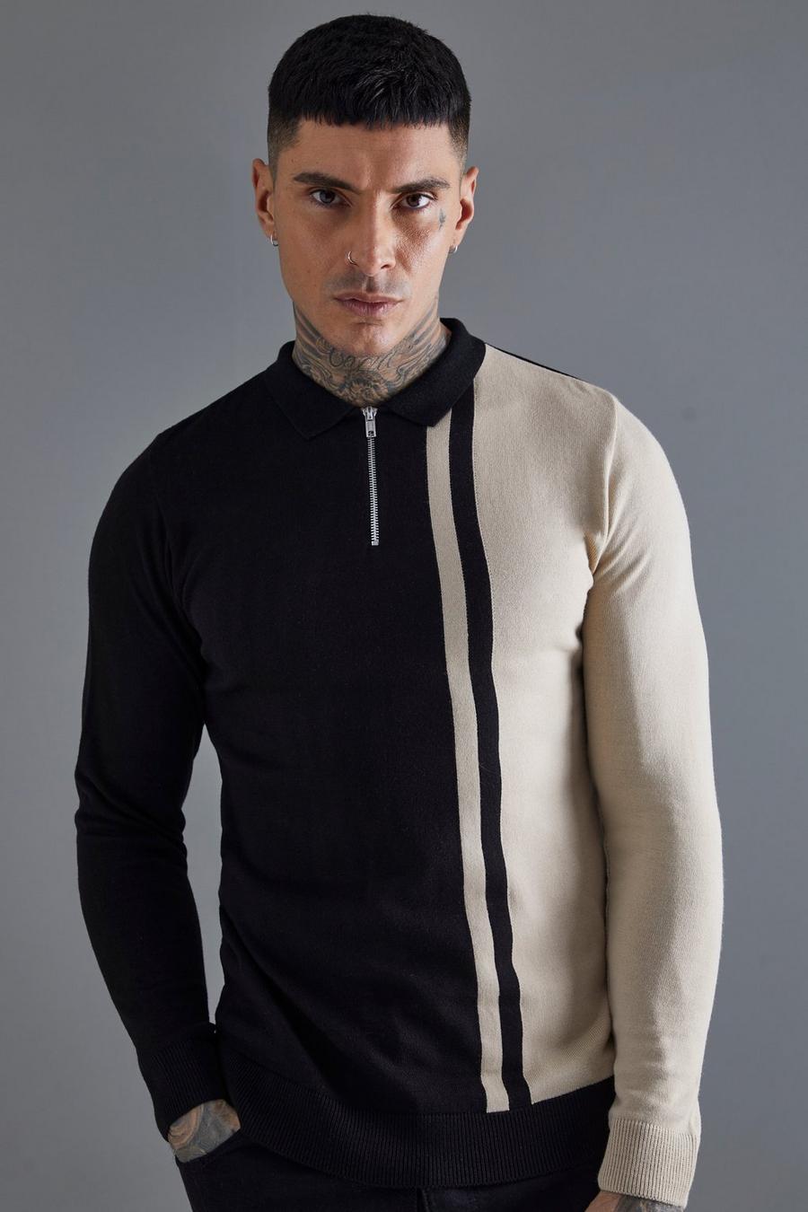 Black Tall Long Sleeve Muscle Fit Colour Block Knit Polo image number 1