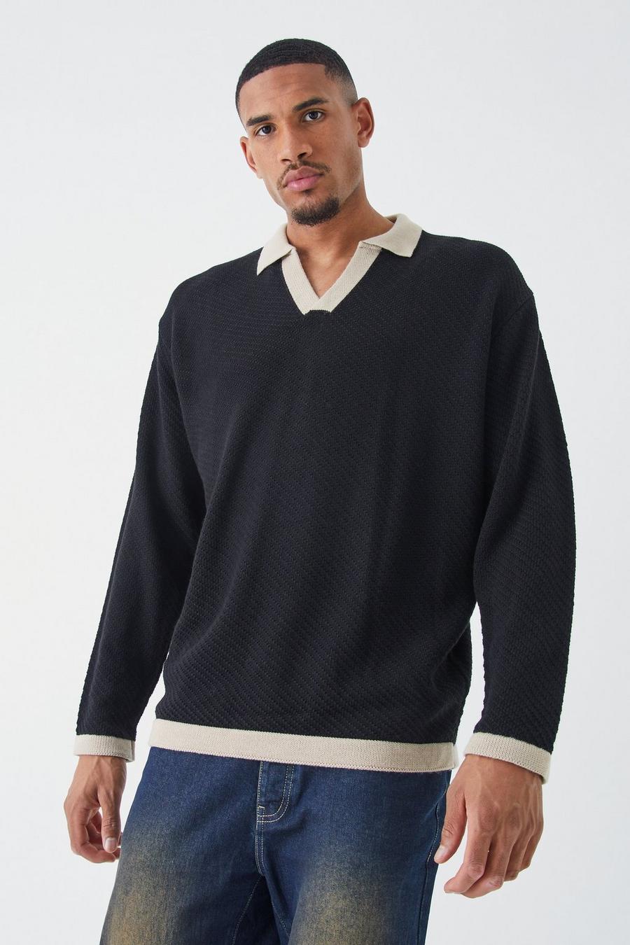 Polo Tall oversize a maniche lunghe in maglia con colletto a contrasto, Black