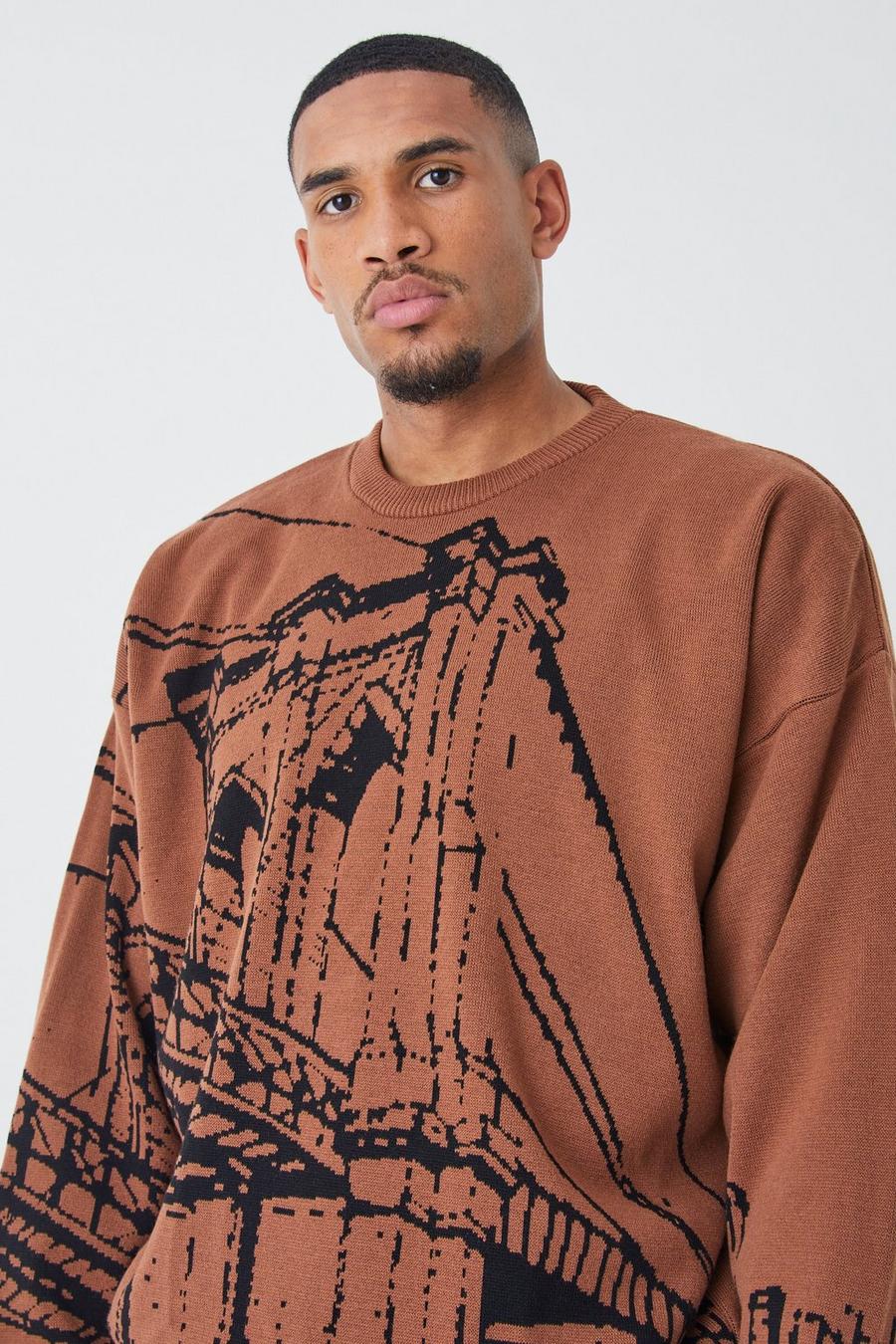 Burnt orange Tall Oversized Drop Shoulder Line Graphic Sweater image number 1