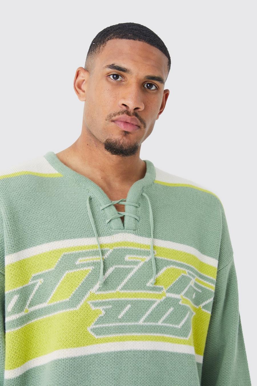 Green Tall Oversized Knitted Hockey Top With Tie Detail image number 1