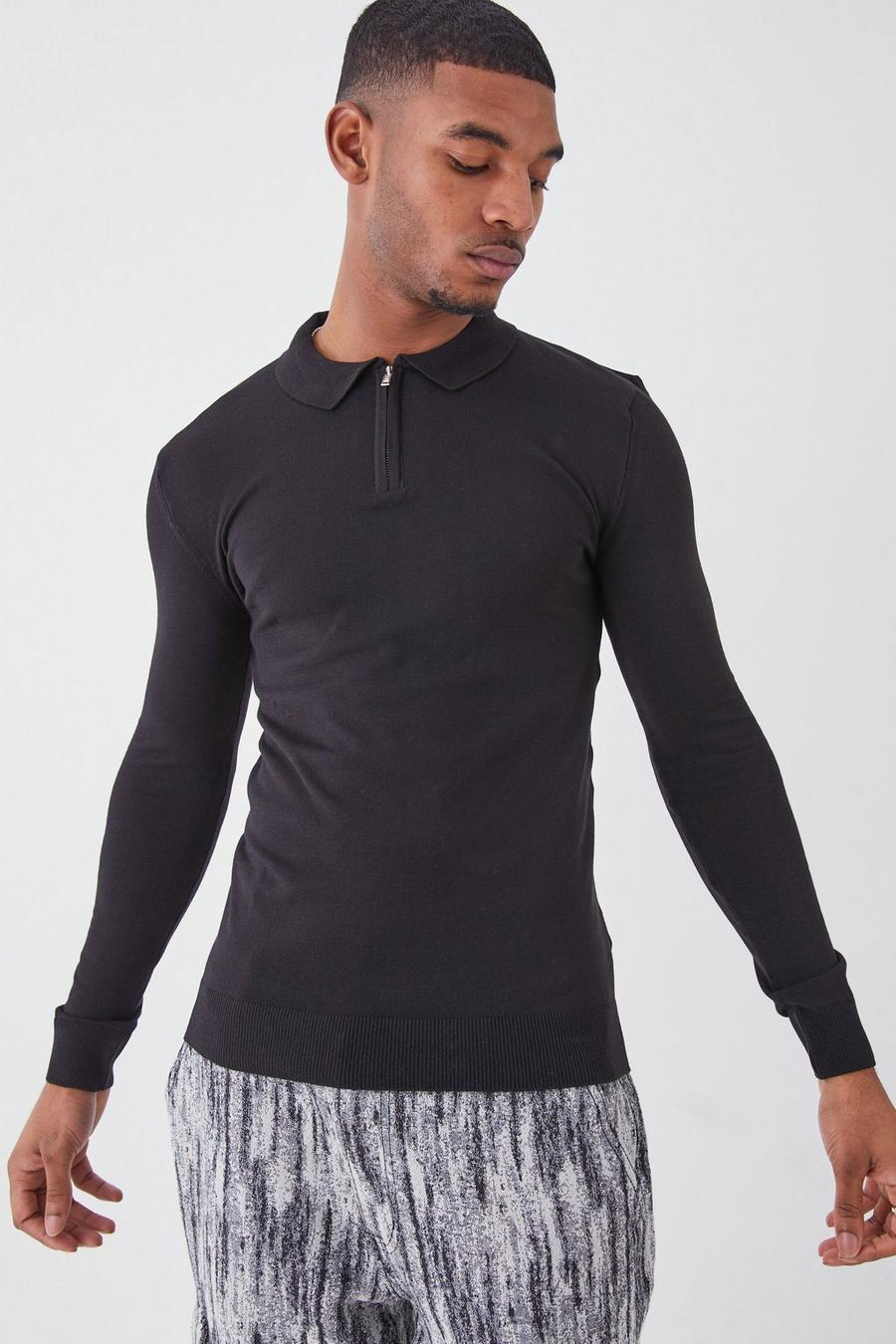 Tall langärmliges Muscle-Fit Poloshirt mit halbem Reißverschluss, Black image number 1