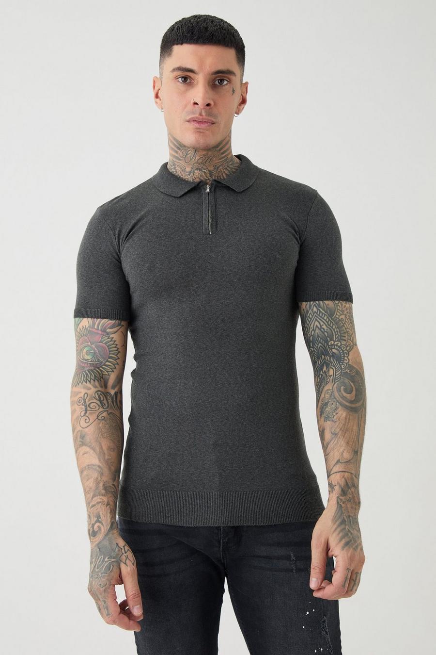 Charcoal Tall Muscle Short Sleeve Half Zip Polo image number 1