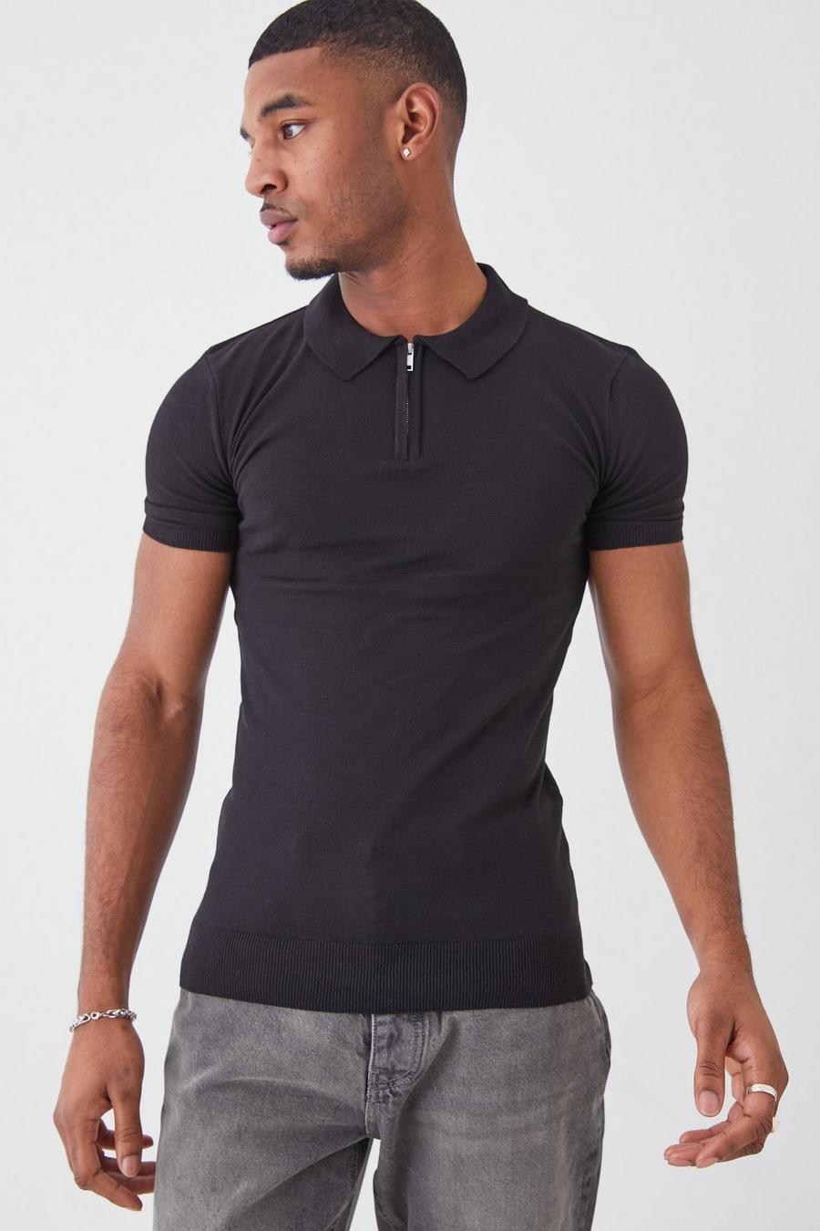 Tall kurzärmliges Muscle-Fit Poloshirt mit Reißverschluss, Black image number 1
