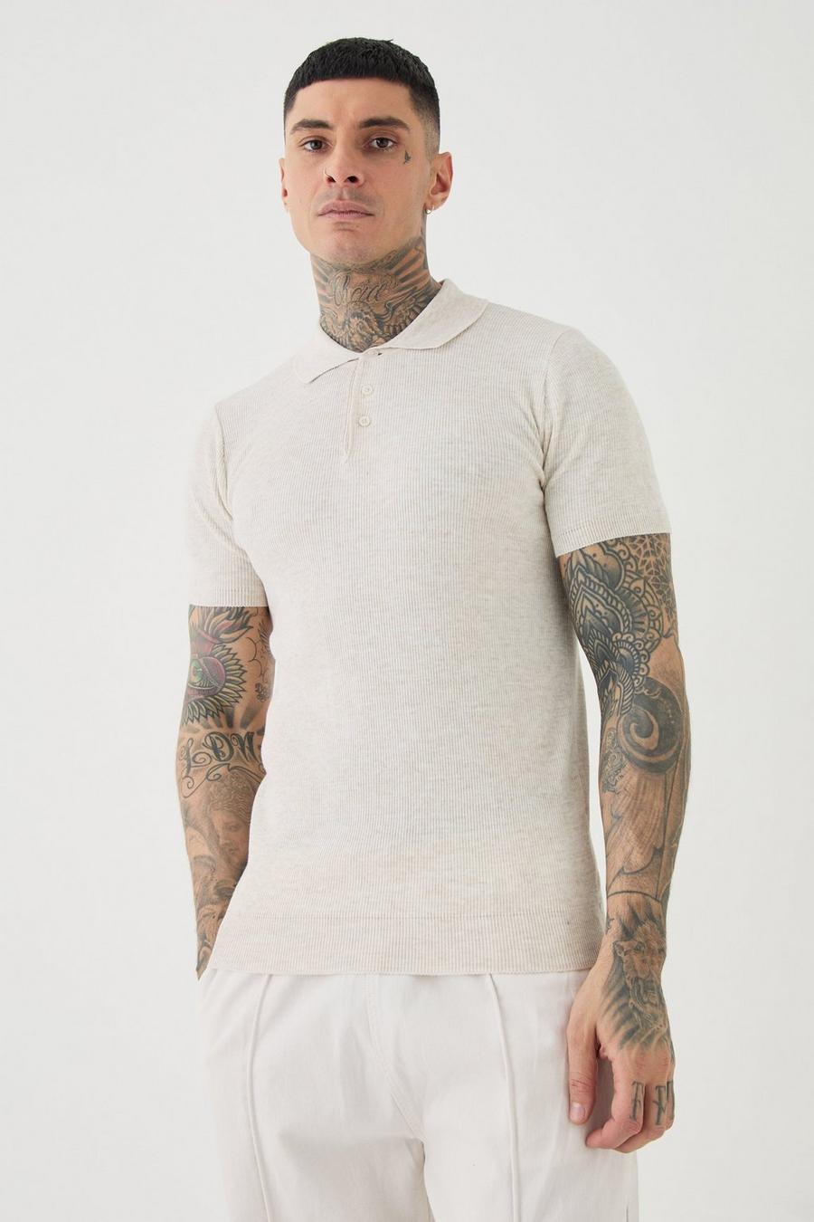 Tall kurzärmliges geripptes Muscle-Poloshirt, Cream image number 1