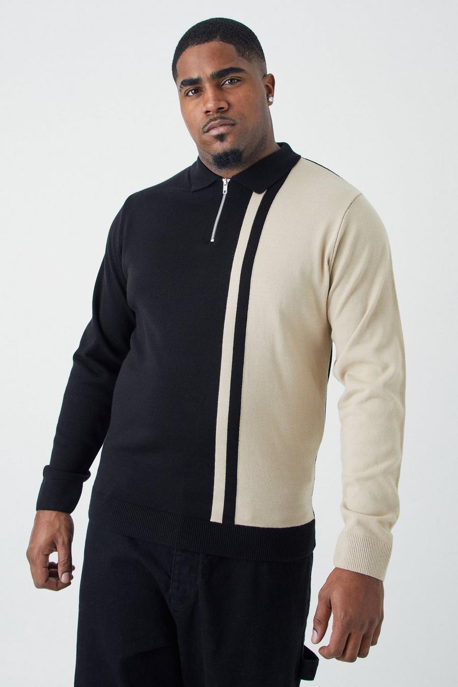 Polo Plus Size attillata a maniche lunghe in maglia a blocchi di colore, Black image number 1