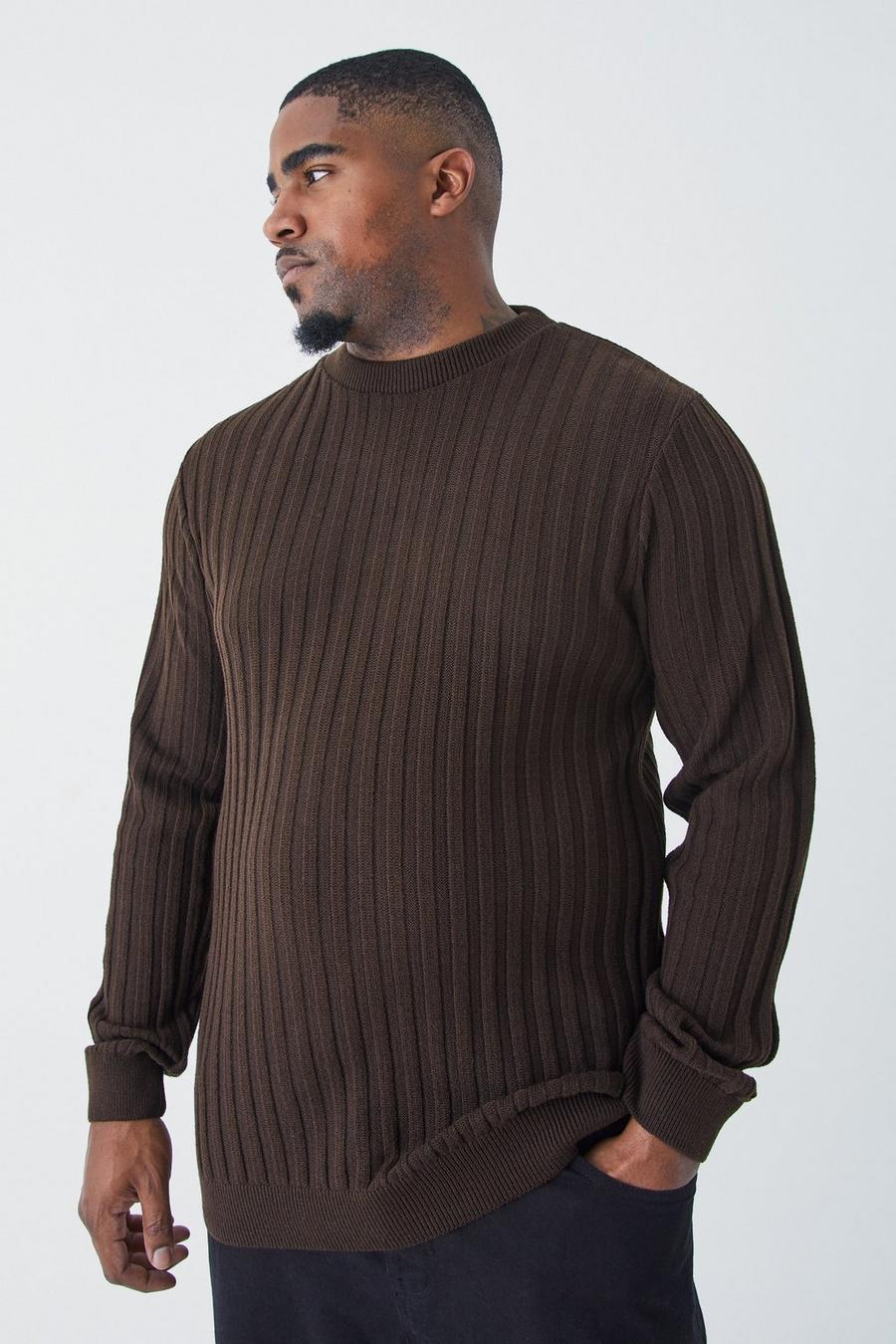Brown Plus Muscle Fit Ribbed Long Sleeve Jumper image number 1
