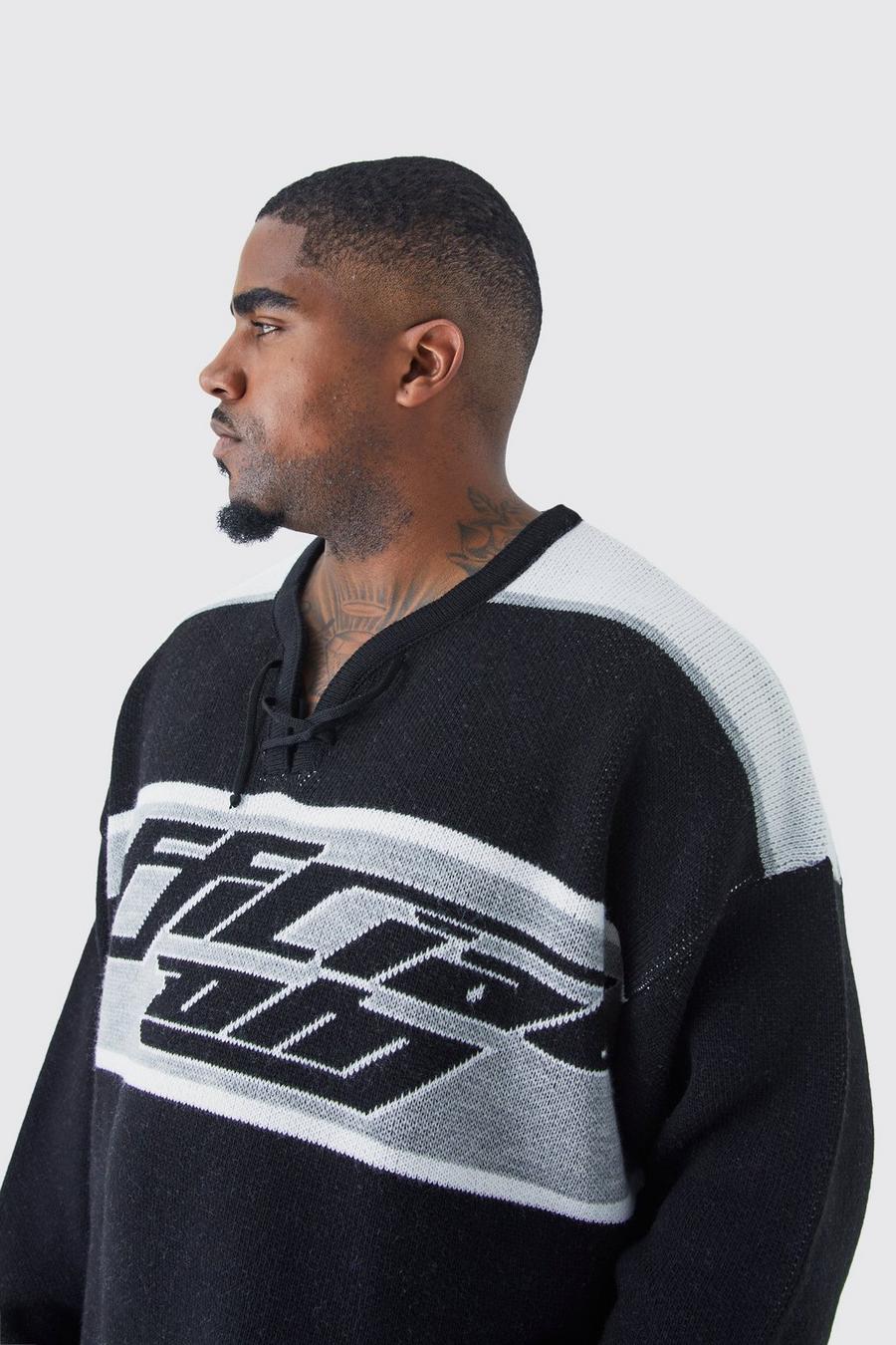 Black Plus Oversized Knitted Hockey Top With Tie Detail image number 1