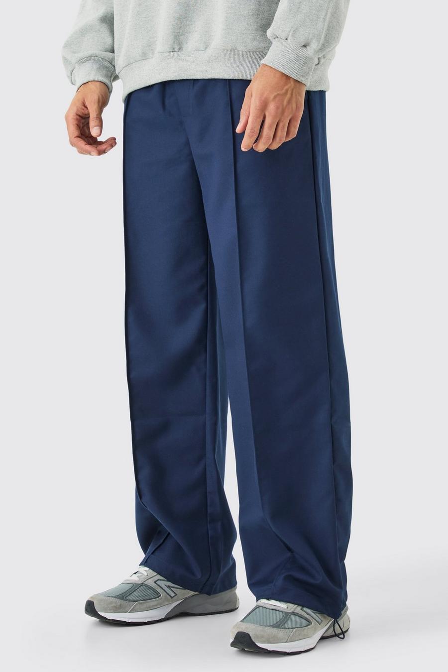 Pantalón deportivo entallado de pernera ancha con alforzas, Navy image number 1