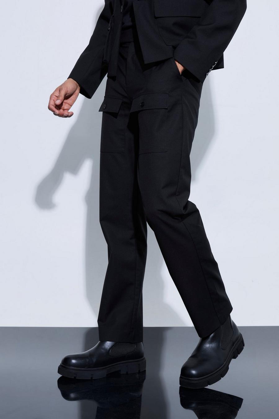 Black Straight Fit Tailored Cargo Trousers image number 1