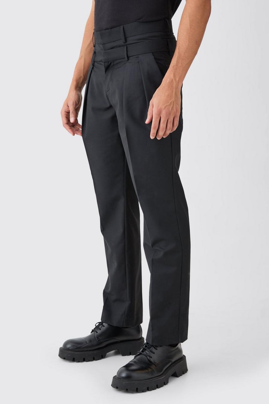 Pantalón recto entallado con cintura doble, Black image number 1