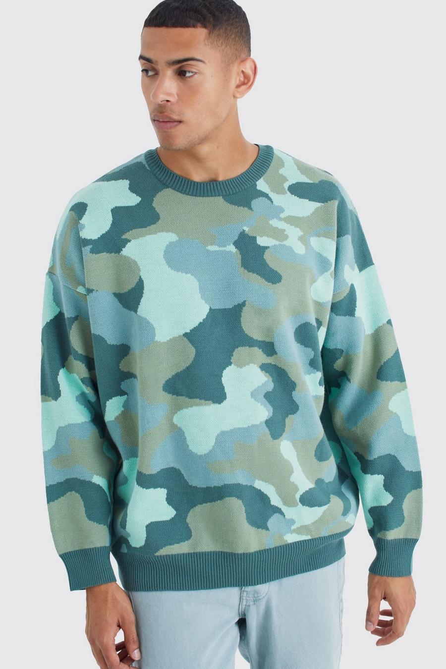 Teal Oversized Camo Print Distresed Knit Jumper image number 1