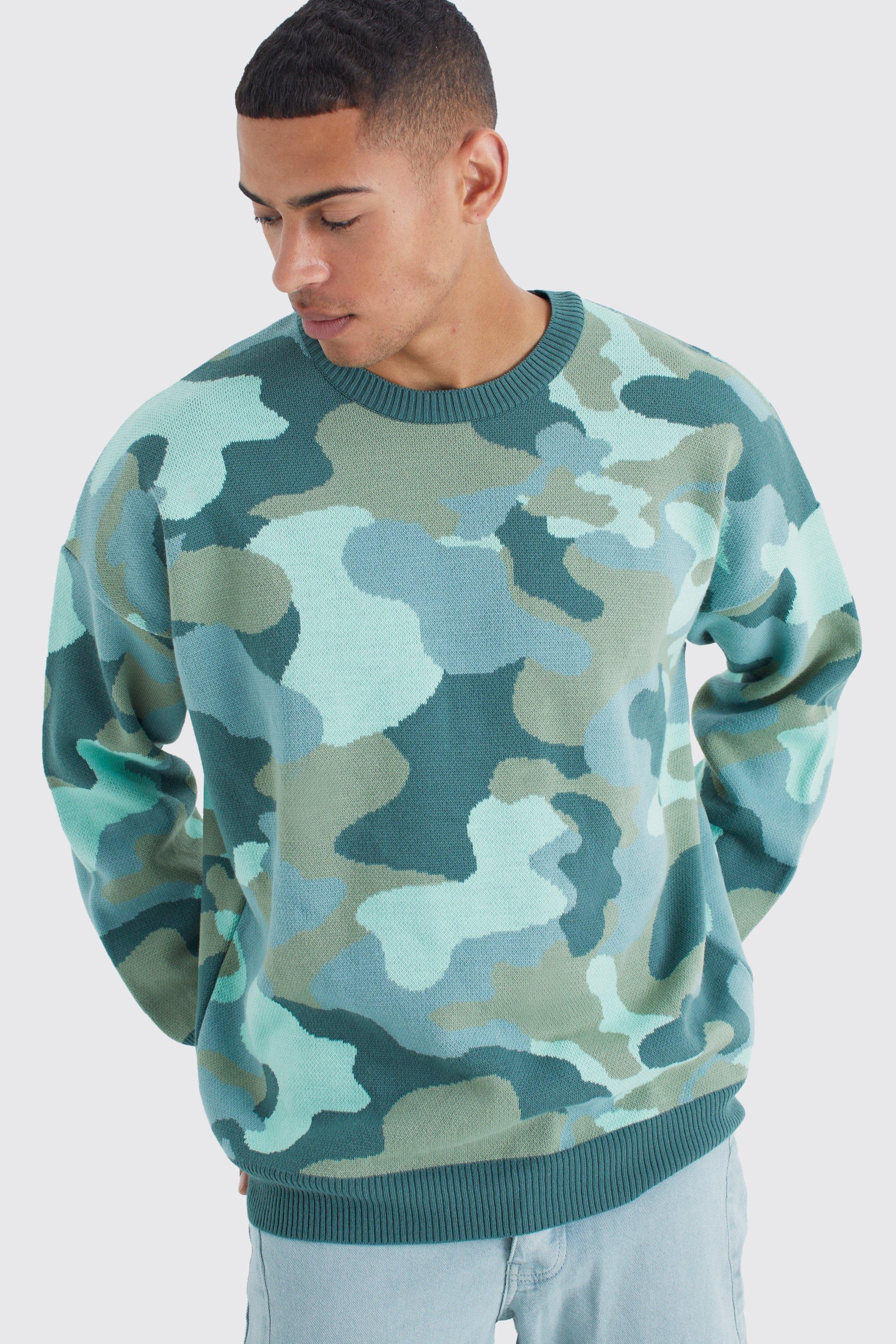 Oversized Camo Print Distresed Knit Sweater