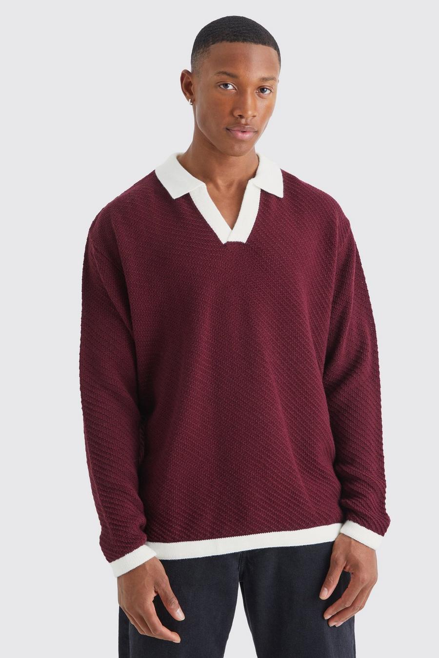 Burgundy red Long Sleeved Oversized Contrast Collar Knitted Polo