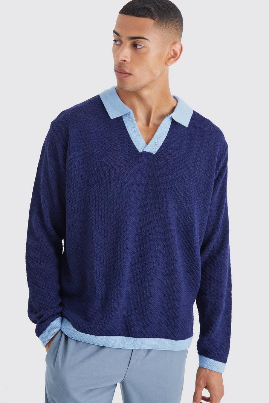 Polo oversize a maniche lunghe in maglia con colletto a contrasto, Navy image number 1