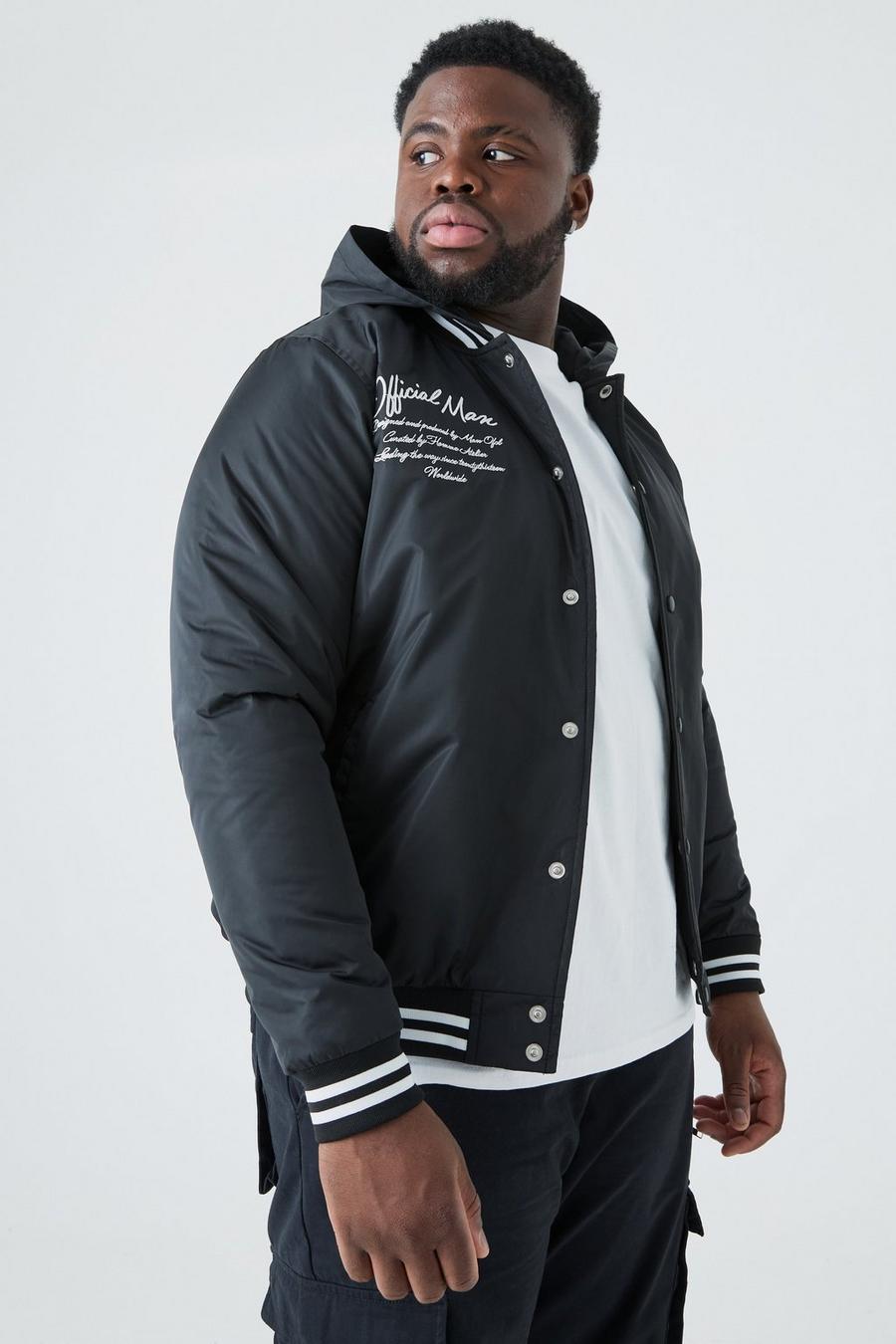 Black Plus Nylon Varsity Jacket Met Capuchon