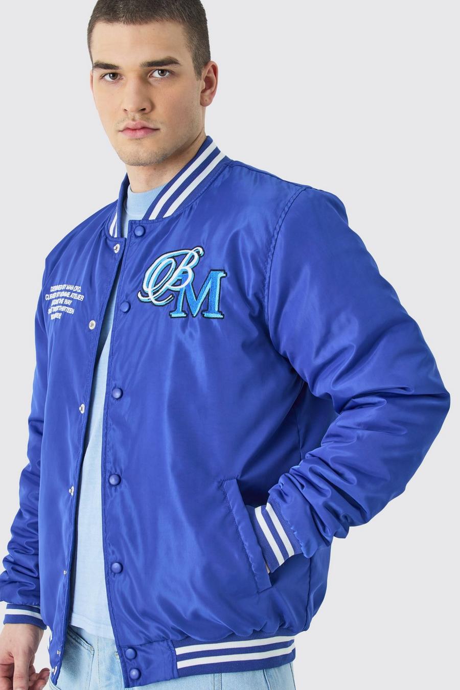 Cobalt blue Tall Nylon Varsity Jacket With Badges