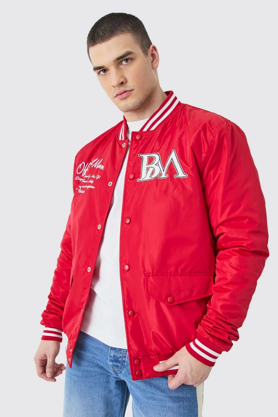 Red Tall Nylon Varsity Jacket Met Badges image number 1