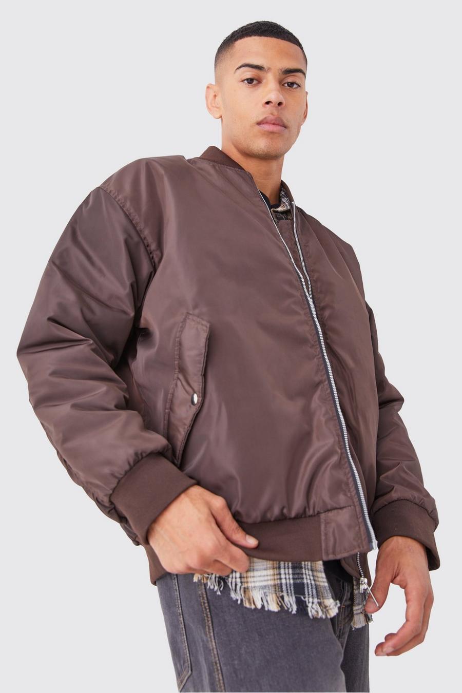 Chocolate Oversized Nylon Bomber With Ruched Sleeves image number 1
