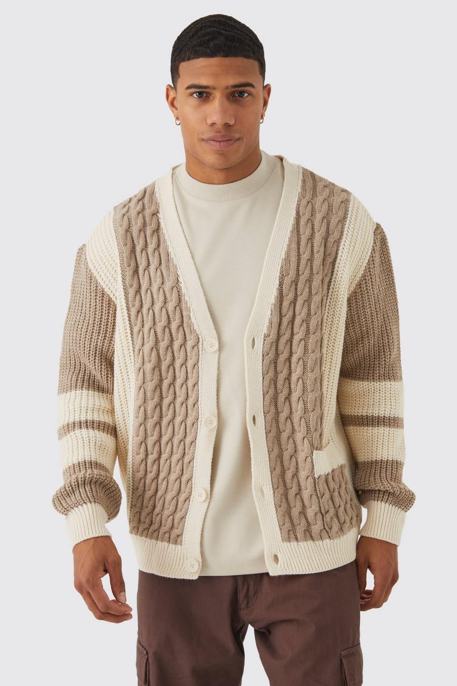 Taupe Oversized Cable Contrast Colour Block Cardigan image number 1