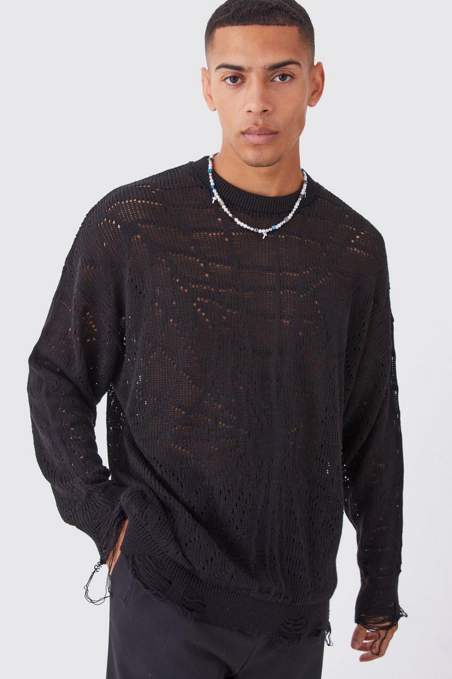 Black Oversize stickad tröja med spindelnät image number 1