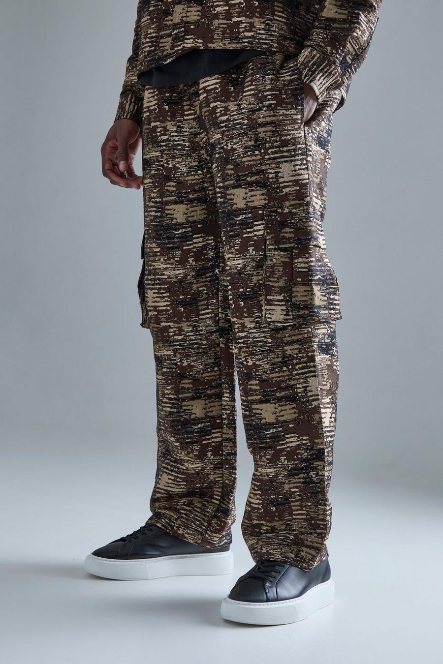 Pantalon cargo large texturé à imprimé camouflage, Stone