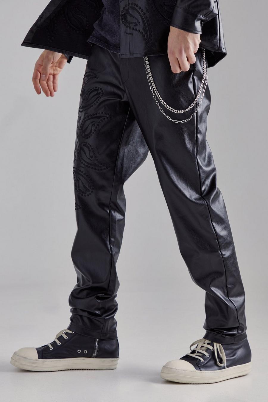 Pantalón ajustado de cuero sintético con bordado cachemira, Black image number 1