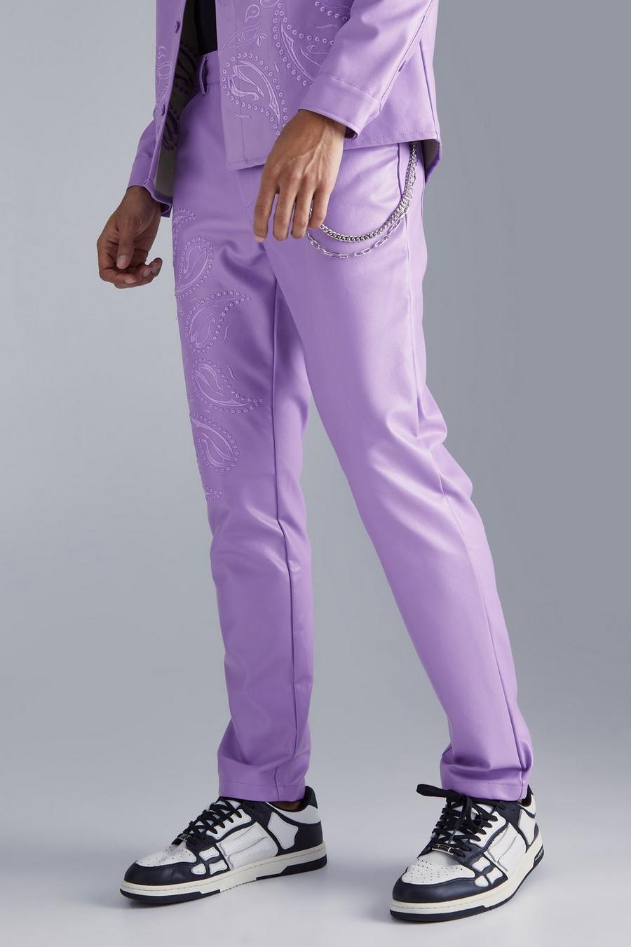 Pantalón ajustado de cuero sintético con bordado cachemira, Lilac