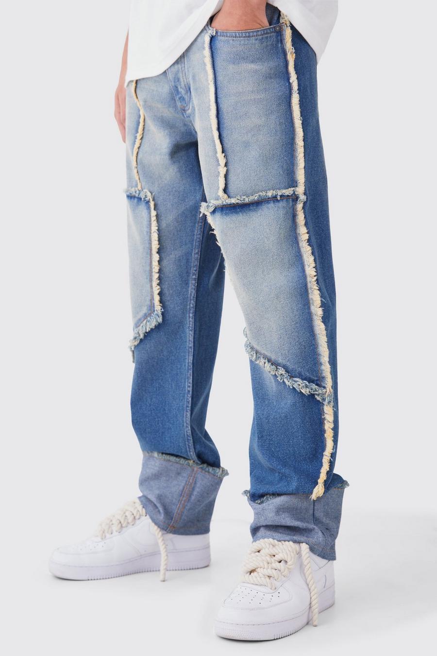 Jeans rilassati in denim rigido effetto smagliato con cuciture, Antique wash image number 1
