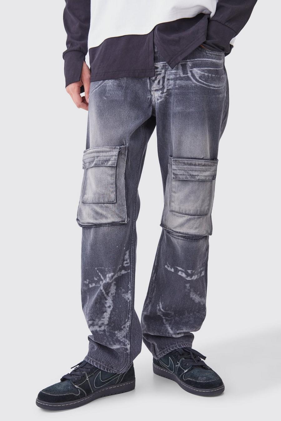 Lockere Jeans mit X-Ray Print und Acid-Waschung, Washed black