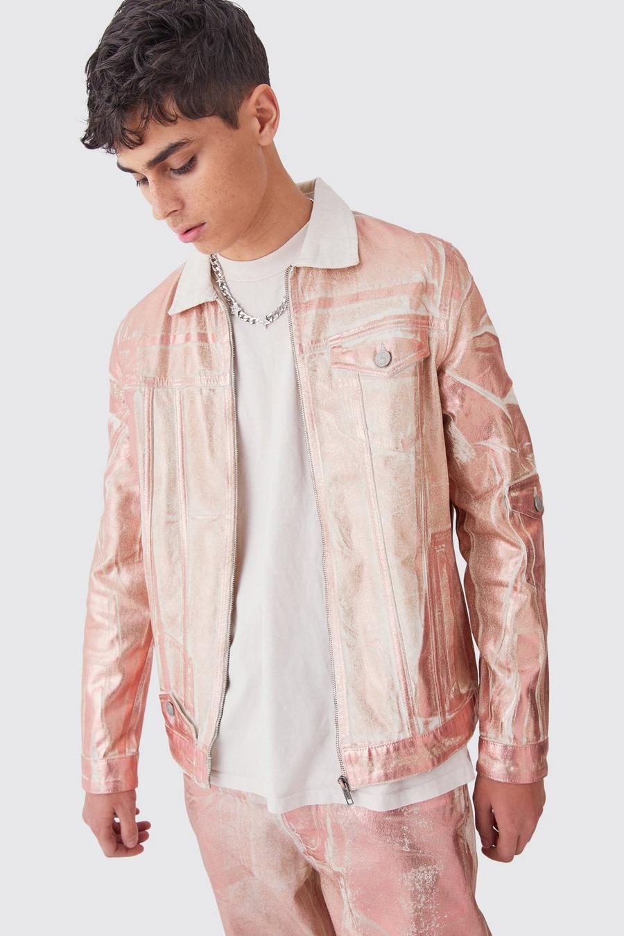 Jeansjacke mit Metallic-Print, Pink