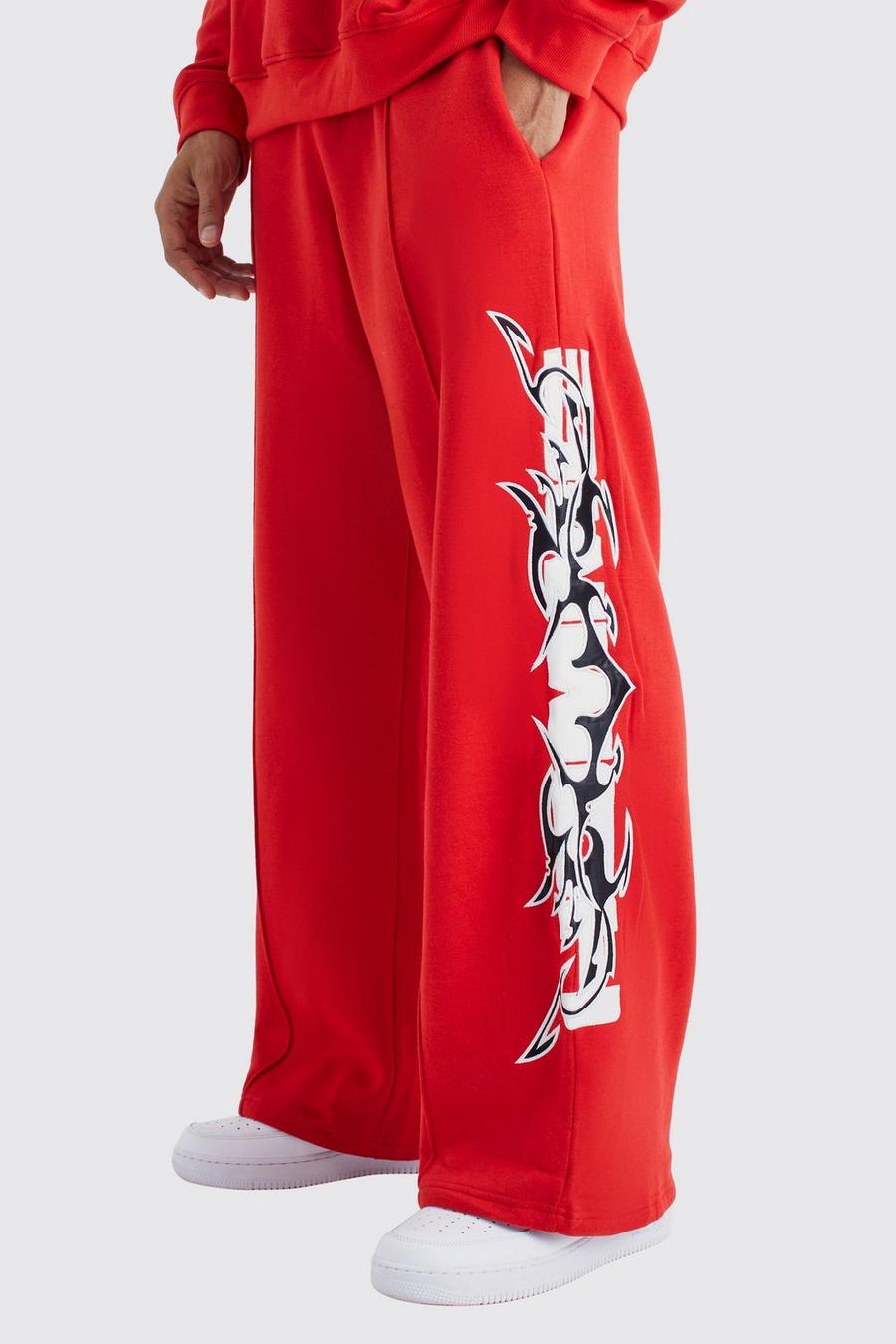 Pantalón deportivo de pernera ancha con aplique de cuero sintético, Red image number 1