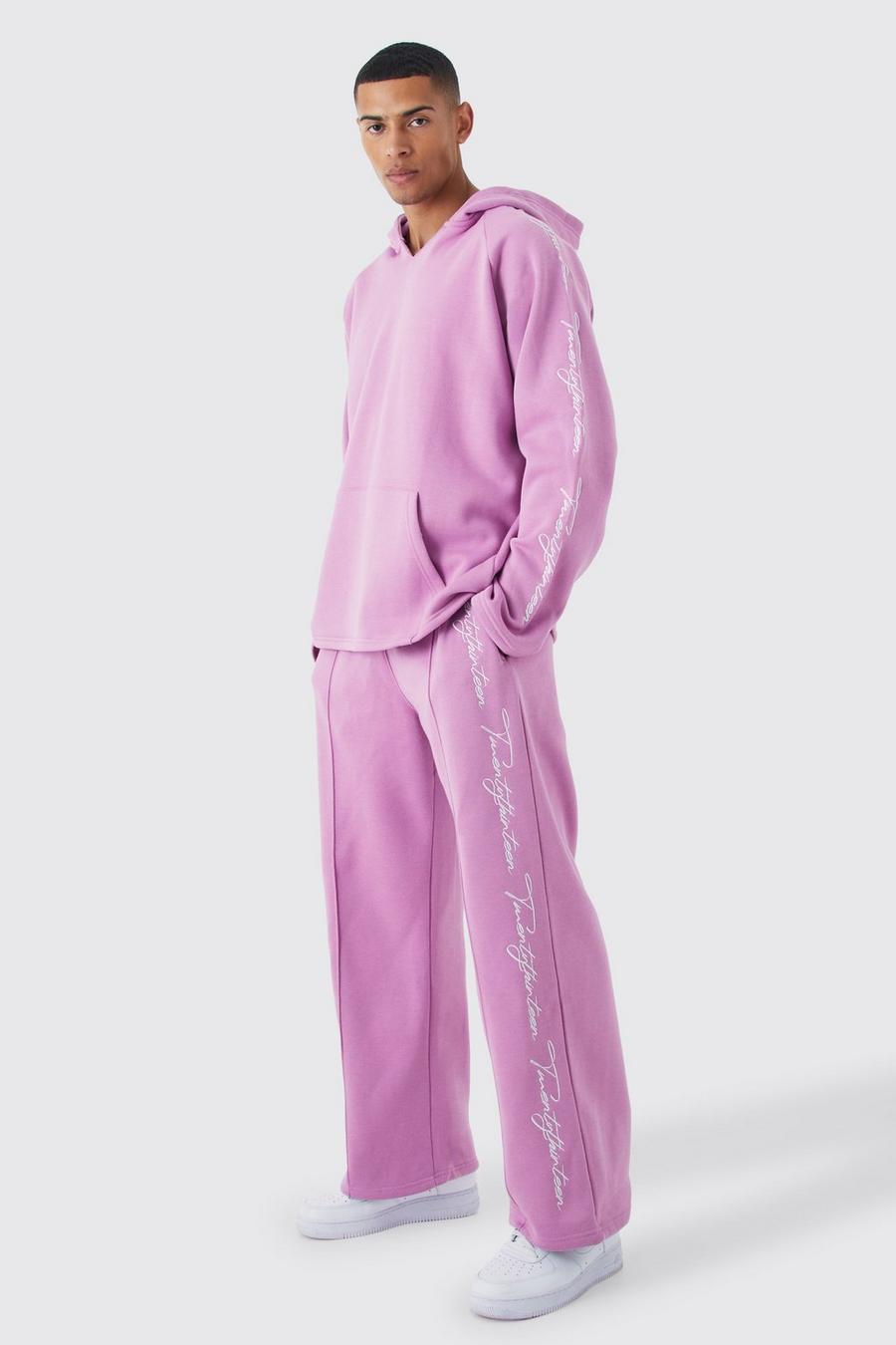 Oversize Trainingsanzug mit rohem Saum und Stickerei, Pink image number 1