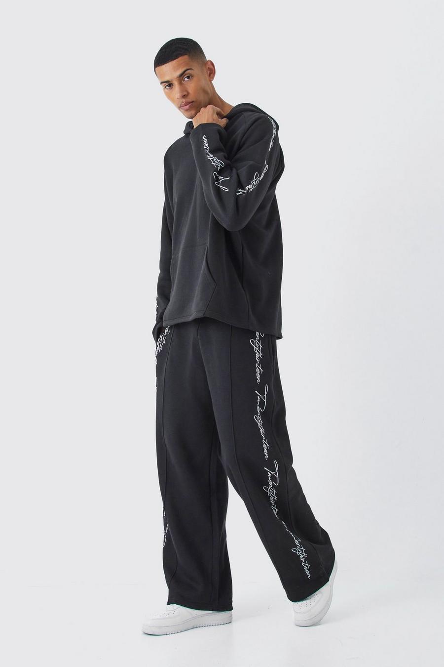 Oversize Trainingsanzug mit rohem Saum und Stickerei, Black image number 1